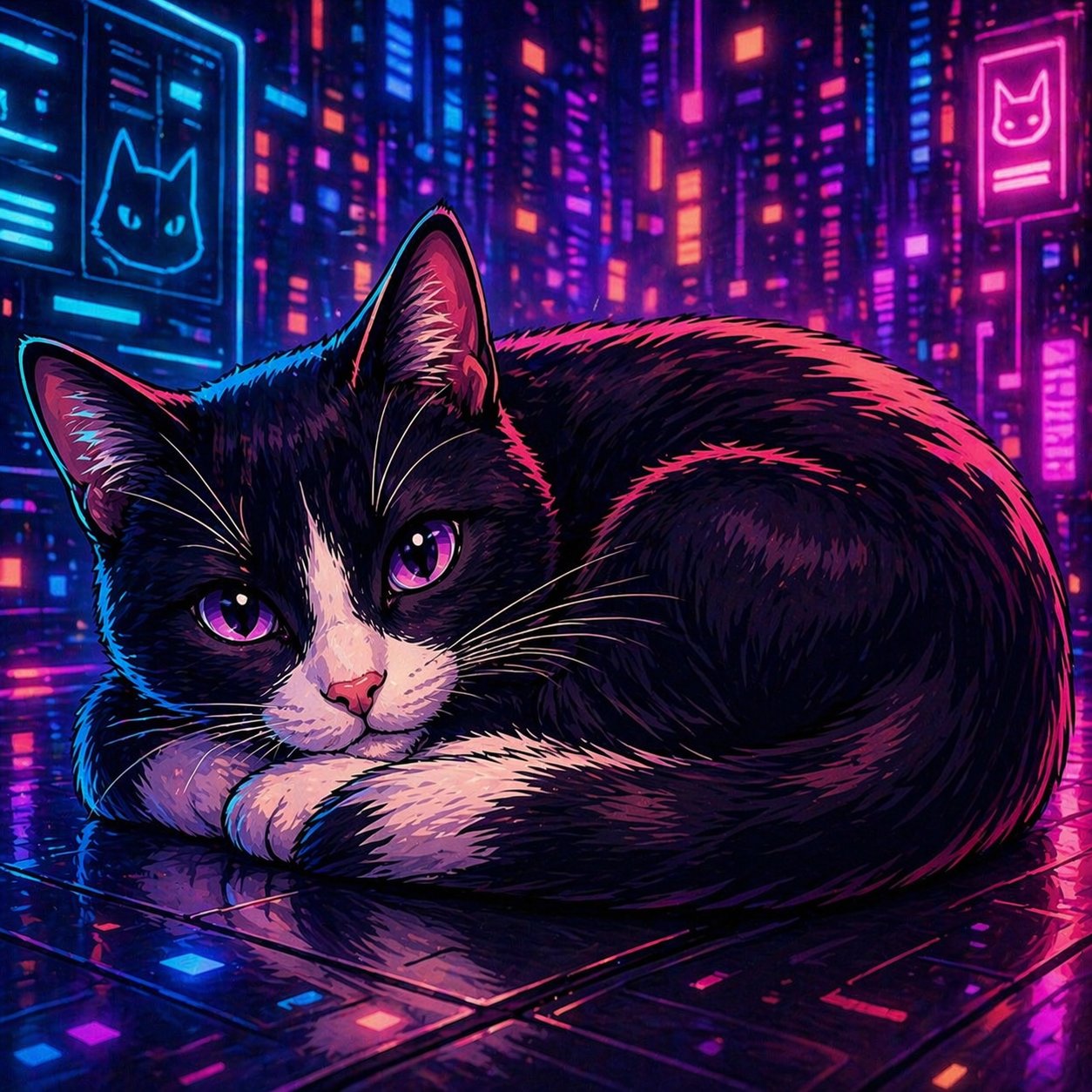 kryptokat — cyberpunk tuxedo cat curled up in the neon